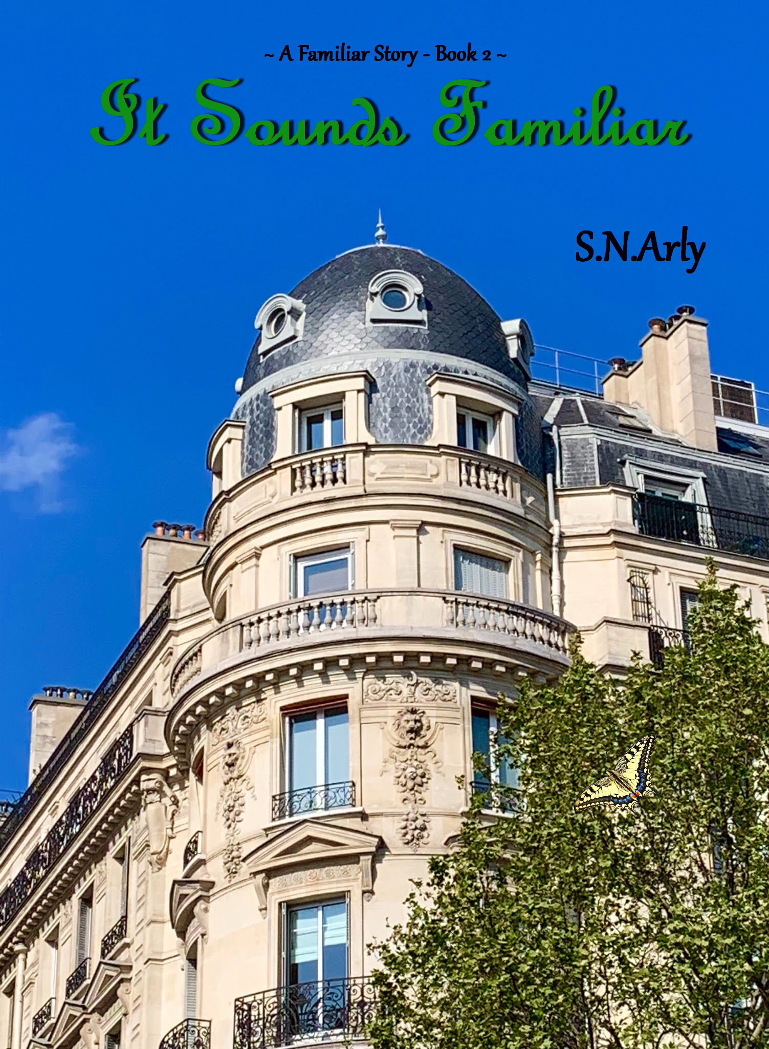 Cover of the book It Sounds Familiar, featuring a blue sky and a classical French building.